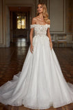 Designer Long A-line Off-the-shoulder Lace Wedding Dresses With Glitter-misshow.com