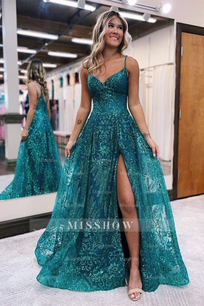 Simple Long A-line Spaghetti Straps Satin Open Back Prom Dresses with Leg Slit main image 1