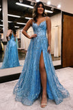 Designer Long A-line Spaghetti Straps Lace Sleeveless Prom Dress With Slit-misshow.com