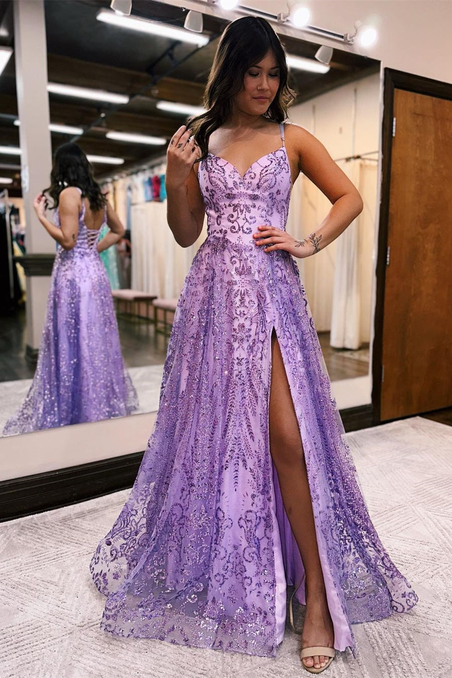 Designer Long A-line Spaghetti Straps Lace Sleeveless Prom Dress With Slit-misshow.com