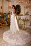 Designer Long A-line V-neck Lace Appliques Wedding Dresses With Long Sleeves-misshow.com