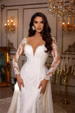 Designer Long A-line V-neck Lace Appliques Wedding Dresses With Long Sleeves-misshow.com