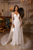 Designer Long A-line V-neck Lace Appliques Wedding Dresses With Long Sleeves