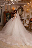 Designer Long A-line V-Neck Sleeveless Appliques Wedding Dress With Lace-misshow.com