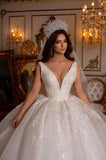 Designer Long A-line V-Neck Sleeveless Appliques Wedding Dress With Lace-misshow.com