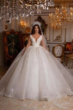 Designer Long A-line V-Neck Sleeveless Appliques Wedding Dress With Lace-misshow.com