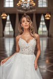 Designer Long A-line V-neck Tulle Sleeveless Wedding Dresses With Lace-misshow.com