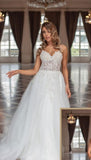 Designer Long A-line V-neck Tulle Sleeveless Wedding Dresses With Lace