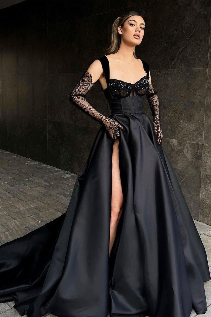 Designer Long Black A-line Lace Sleeveless Prom Dress With Slit-misshow.com