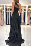 Designer Long Black Evening Dresses One Shoulder Lace Prom Dresses With Slit-misshow.com