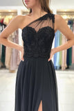 Designer Long Black Evening Dresses One Shoulder Lace Prom Dresses With Slit-misshow.com