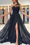 Designer Long Black Evening Dresses One Shoulder Lace Prom Dresses With Slit-misshow.com