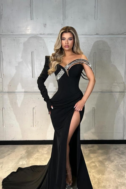 Designer Long Black Mermaid One Shoulder Satin Glitter Long Sleeve Prom Dress with Slit