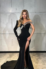 Designer Long Black Mermaid One Shoulder Satin Glitter Long Sleeve Prom Dress with Slit