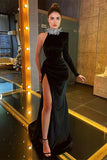 Designer Long Black One Shoulder High Neck Long Sleeve Prom Dress With Slit