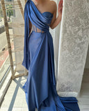 Designer Long Blue A-line One Shoulder Sleeveless Prom Dress-misshow.com