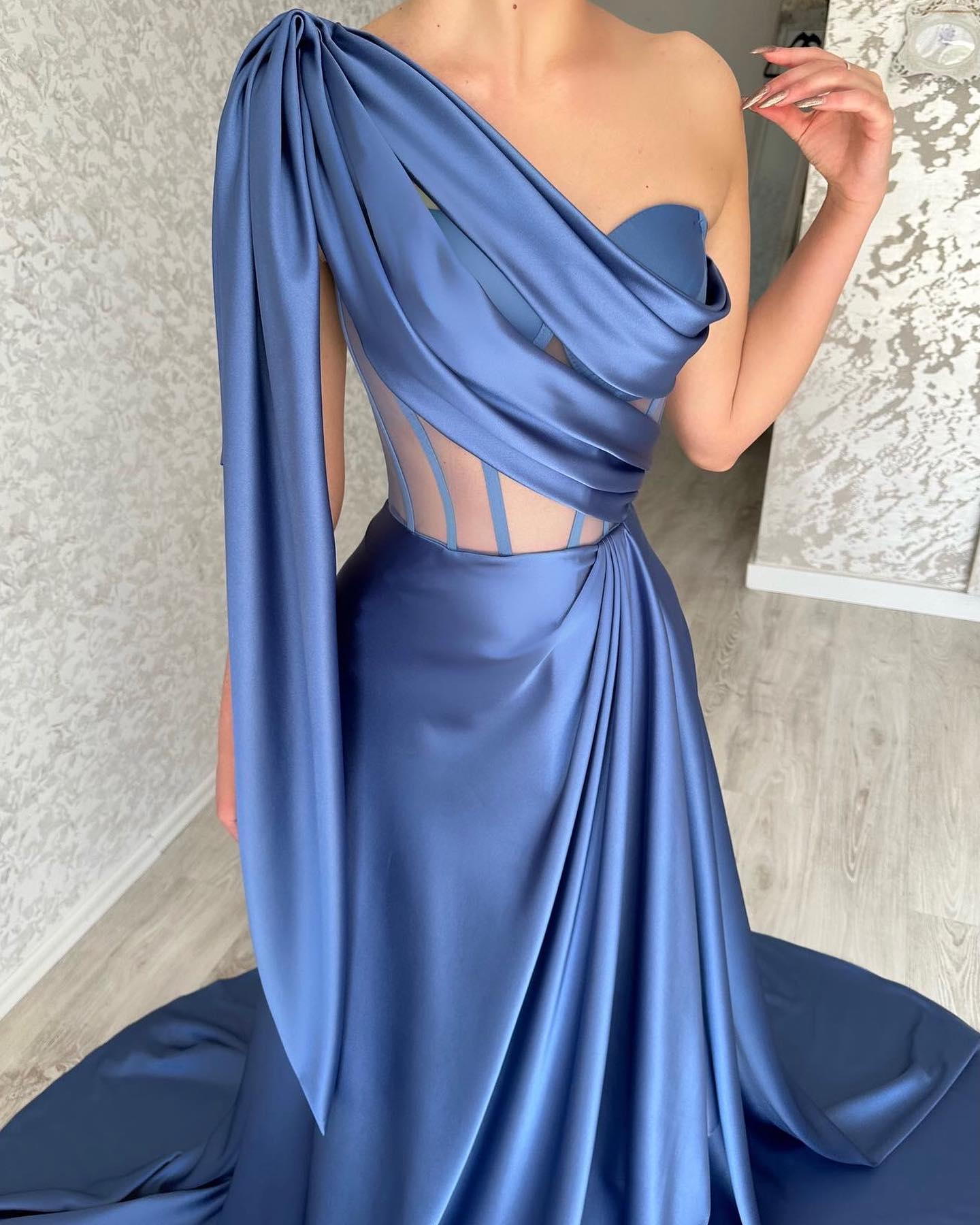 Designer Long Blue A-line One Shoulder Sleeveless Prom Dress-misshow.com