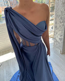 Designer Long Blue A-line One Shoulder Sleeveless Prom Dress-misshow.com