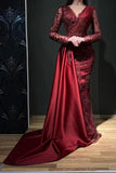 Designer Long Burgundy Lace Beading Mermaid Evening Dresses With Long Sleeves-misshow.com