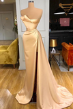Designer Long Champagne A-line Sleeveless Split Prom Dress With Train