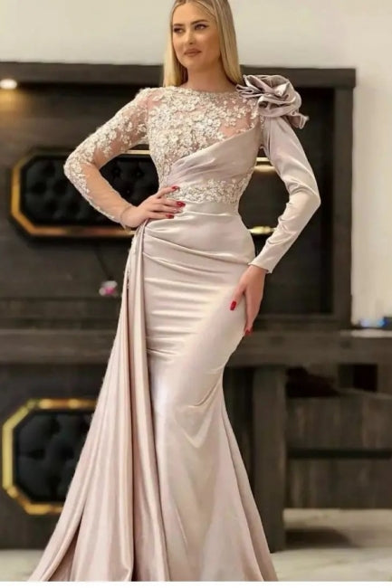 Designer Long Champagne Mermaid Lace Evening Dresses With Long Sleeves-misshow.com