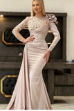 Designer Long Champagne Mermaid Lace Evening Dresses With Long Sleeves