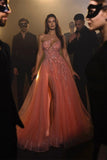 Designer Long Coral A-line One Shoulder Beading Sleeveless Evening Dresses With Slit-misshow.com