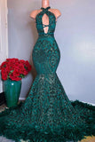 Designer Long Dark Green Halter Sleeveless Lace Prom Dress-misshow.com