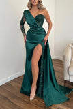 Designer Long Dark Green One Shoulder Long Sleeve Split Evening Dresses With Lace
