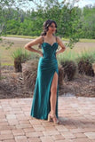 Designer Long Dark Green Sleeveless Spaghetti Straps Prom Dresses With Slit-misshow.com
