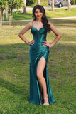 Designer Long Dark Green Sleeveless Spaghetti Straps Prom Dresses With Slit