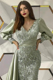 Designer Long Dusty Sage Mermaid Long Sleeves Evening Dresses With Lace-misshow.com