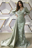 Designer Long Dusty Sage Mermaid Long Sleeves Evening Dresses With Lace-misshow.com