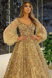 Designer Long Gold A-line Lace Sequined Long Sleeves Evening Dresses With Glitter-misshow.com