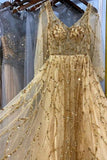 Designer Long Gold A-line Lace Sequined Long Sleeves Evening Dresses With Glitter-misshow.com