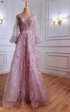 Designer Long Gold A-line Lace Sequined Long Sleeves Evening Dresses With Glitter-misshow.com