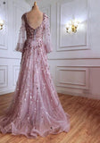 Designer Long Gold A-line Lace Sequined Long Sleeves Evening Dresses With Glitter-misshow.com