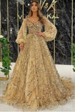 Designer Long Gold A-line Lace Sequined Long Sleeves Evening Dresses With Glitter