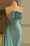 Designer Long Green Mermaid Sleeveless Beading Prom Dress With Ruffles-misshow.com