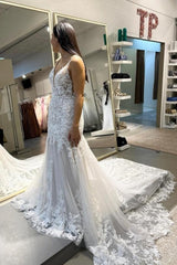 Designer Long Mermaid Appliques Sleeveless Wedding Dresses With Lace-misshow.com