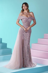 Designer Long Mermaid Off-the-shoulder Lace Beading Tulle Prom Evening Dresses