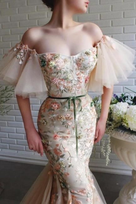 Designer Long Mermaid Off-the-shoulder Tulle Lace Prom Evening Dresses with Flowers