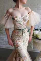 Designer Long Mermaid Off-the-shoulder Tulle Lace Prom Evening Dresses with Flowers