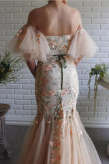 Designer Long Mermaid Off-the-shoulder Tulle Lace Prom Evening Dresses with Flowers