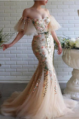 Designer Long Mermaid Off-the-shoulder Tulle Lace Prom Evening Dresses with Flowers