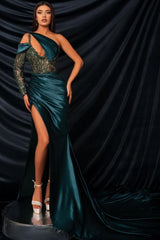 Designer Long Mermaid One Shoulder Long Sleeve Lace Prom Evening Dresses with Slit
