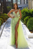 Designer Long Mermaid One Shoulder Sequined Lace Sleeveless Prom Dress With Slit-misshow.com
