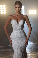 Designer Long Mermaid Spaghetti Straps V-neck Wedding Dress With Lace-misshow.com
