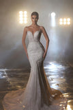 Designer Long Mermaid Spaghetti Straps V-neck Wedding Dress With Lace