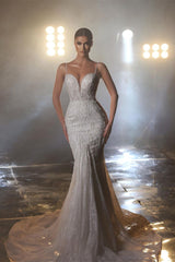 Designer Long Mermaid Spaghetti Straps V-neck Wedding Dress With Lace-misshow.com